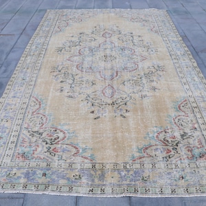 Turkish Rug, 7x11 Large Rugs, Vintage Rug, Muted Anatolian Rug, Rugs For Salon, 6.1x10.5 ft Blue Rug, Decorative Wool Rugs, Oushak Rug,