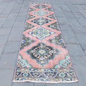 Vintage Turkish Runner Rug, Pink and Blue Floral Design, 3x12ft, Elegant Hallway Decor, Unique Oriental Style