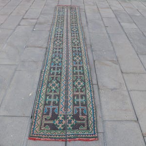 Vintage Turkish Runner Rug, 2x11ft Colorful Hallway Rug, Geometric Oushak Carpet, Handmade Oriental Wool Decor, Unique Tribal Boho Rugs