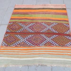 Vintage Turkish Kilim, Colorful Rug, Geometric Pattern, Striped Decor, 106x129cm, 3x4ft Wool Carpet, Handmade Turkish Textile, Bohemian Rug
