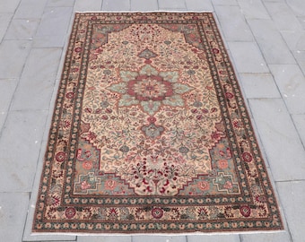 Tapete turco Oushak grande, 185 x 230 cm (6,1 x 7,5 pés), tapete Ikat vermelho vintage.