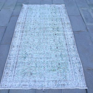 Türkischer Teppich, Vintage Teppich, 100x200 Akzent Teppich, Oushak Teppich, Teppich für Schlafzimmer, 100x200 cm Grüner Teppich, Neutraler Teppich im skandinavischen Stil,