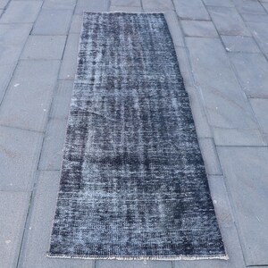 Turkish Runner Rug 2.3x7.3 ft, Vintage Oushak Black Check Wool Rug