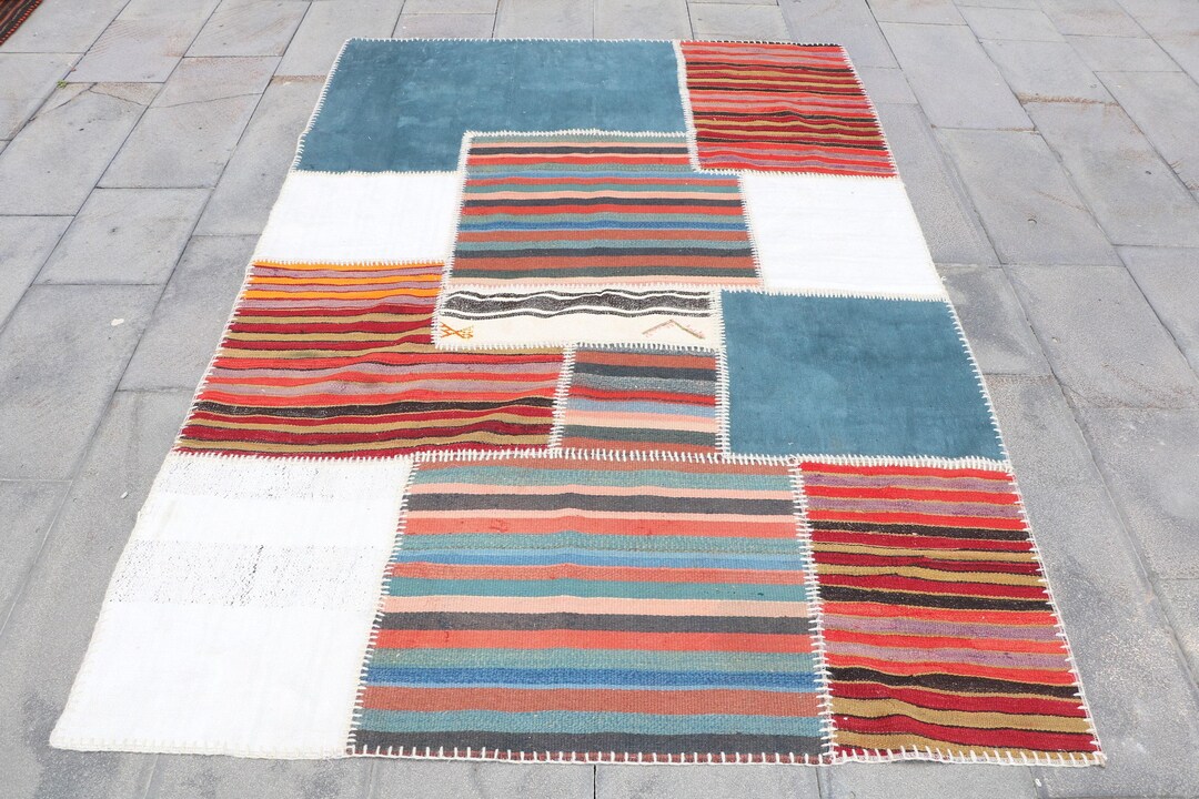 Vintage Turkish Patchwork Rug, Multi-color Stripes, 5x7ft