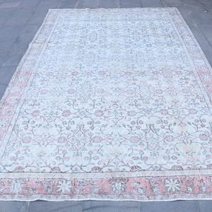 Vintage Turkish Area Rug, Pastel Floral Motif, Soft Blue and Pink, 6x9ft, Elegant Home Decor