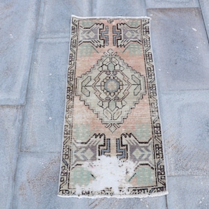 Vintage Turkish Rug, 1x3 ft Small Rug, Antique Entry Rug, Oushak Style Decor, Orange Wool Bathroom Rug, Vintage Home Decor, Handmade Rug