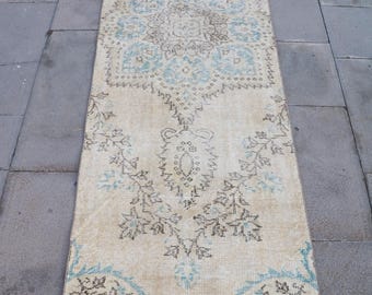 Vintage Turkish Rug, 2.4x8.9 ft Rug, Beige Bordered Wool Rug