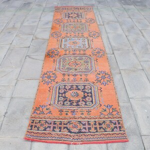 Vintage Turkish Rug 2.8x11.3 ft, Red Patchwork Wool Rug