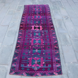 Vintage Turkish Rug, 4x11ft Runner, Corridor Rugs, Purple Kurdish Tribal Design, Antique Handmade Carpet