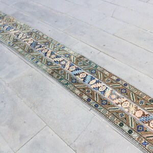 Vintage Turkish Runner, Geometric Rug, 41x324cm, 1x11ft Long Rug, Turkish Carpet, Handmade Wool Rug, Hallway Runner Rug, Beige and Blue Mat