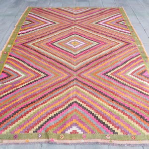 Kilim Vintage, Kilim turecki, haftowany Kilim oversize, Kilim anatolijski, dywaniki do salonu, Kilim tęczowy 7x10,1 ft, Kilim turecki Boho Chic,