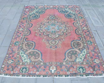 Tapete vintage de 2,07 x 2,83 metros, tapete turco grande, tapete floral vermelho e azul.