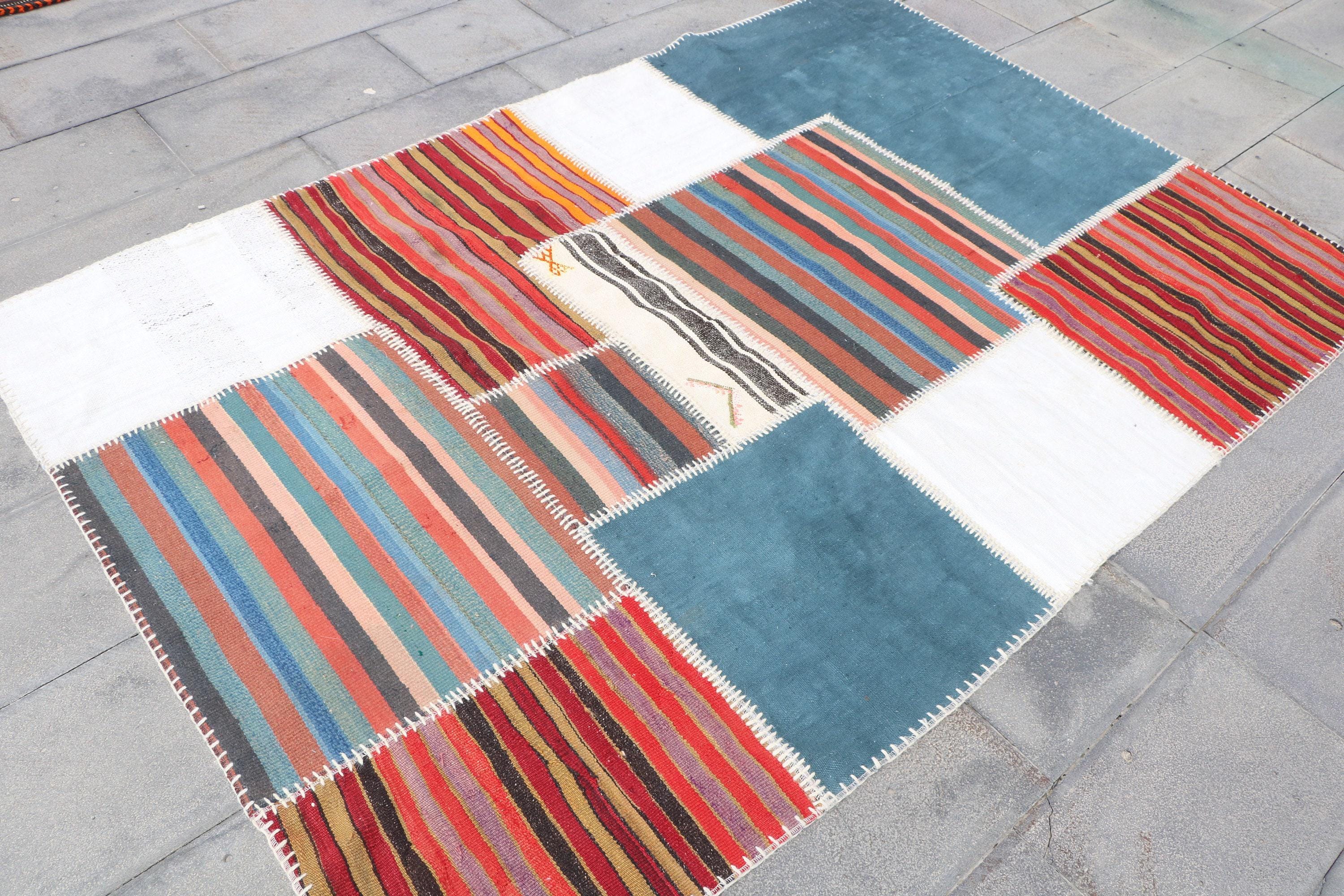 Vintage Turkish Patchwork Rug, Multi-color Stripes, 5x7ft