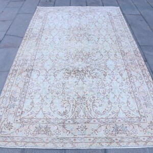 Turkish Rug 4.9x8.7 ft, White Brown Patchwork Wool Vintage Rug