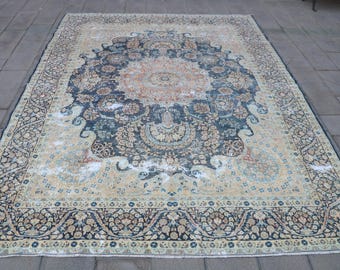 特大ヴィンテージトルコラグ、7.6x11.2フィート、ネイビーメダリオン