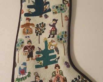 12 Days of Christmas needlepoint stocking- original design .  Sample only.  Not for sale.