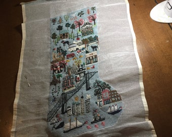 Original design Christmas needlepoint stocking NYC/Brooklyn.  Sample only.  Not for sale.