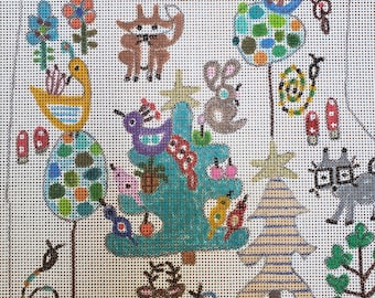 Woodland creatures painted Christmas stocking needlepoint canvas