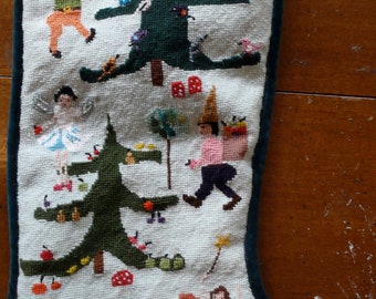 Original design Christmas needlepoint stocking - Gnomes and fairies  - Sample only.  Not for sale.