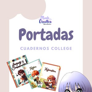 Może przedstawiać: Okładki zeszytów z ilustracjami w stylu anime dla Języka i Komunikacji, Muzyki i Matematyki. Okładki przedstawiają postacie z kreskówek i tekst w języku hiszpańskim. Tło w kolorze jasnofioletowym z napisami "Portadas" i "Cuadernos College".
