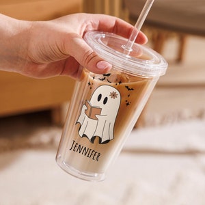 Cute Ghost Bookworm Tumbler, Cute Spooky Book Gift, Personalized Iced Coffe Tumbler, Halloween Tumbler, Cute Reader Gift