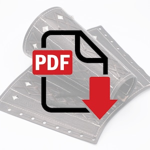 May include: A PDF download icon superimposed on a black leather arm guard with a diamond pattern and silver studs.