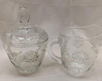 Star of David Creamer & Sugar Bowl w/lid Anchor Hocking EAPC Prescut