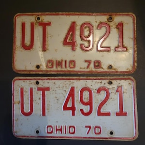 Vintage 1970 Ohio License Plate Pair: White and Red OH UT 4921