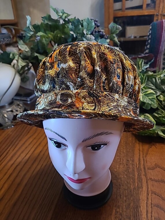 Pillbox Bubble Hat Womens Metallic Gold Orange Brown Brocade  display picture 3