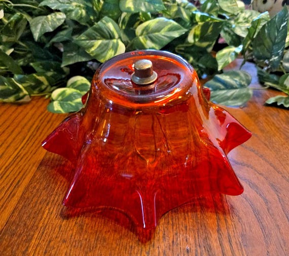 Vintage Red Orange Amberina Glass Ruffled Lamp Light Glass