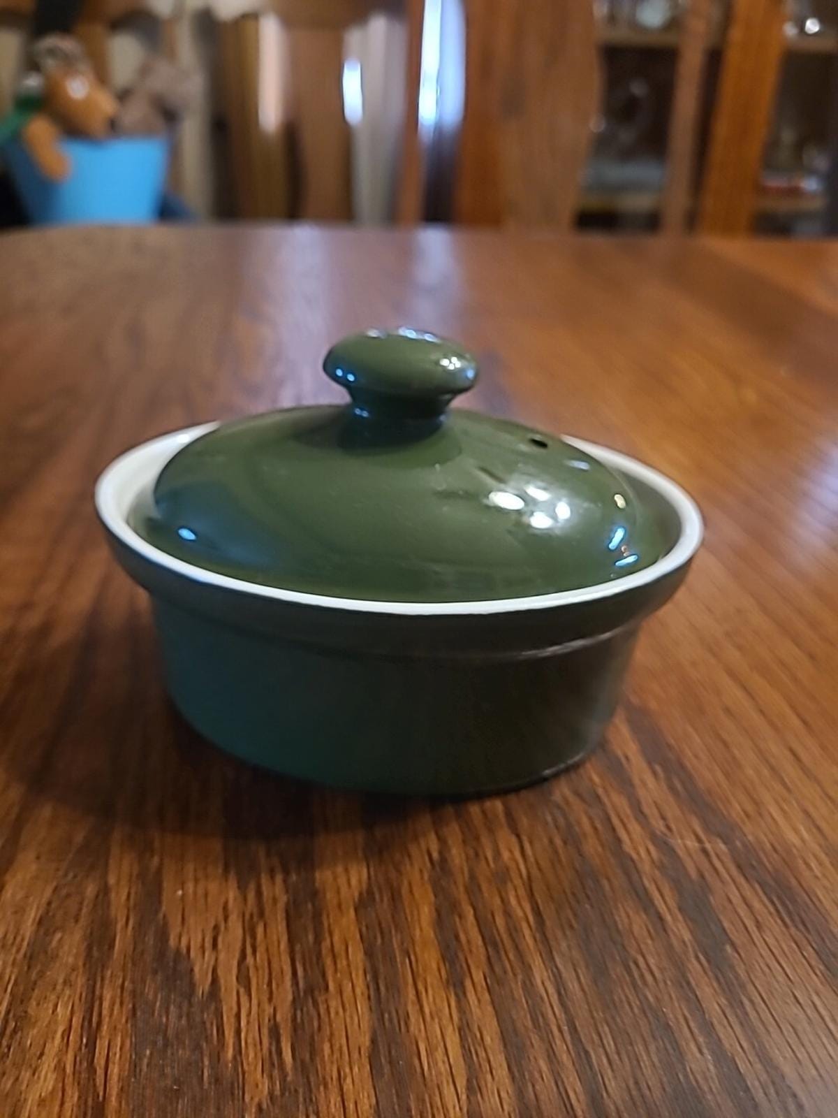 Vtg Hall China Dark Green Oval Mini Individual Casserole Baking Dish Lid Vented