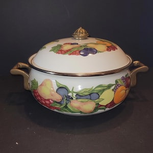Vintage Regency Club 9” Dutch Oven Pot Pan Enamel Brass Handles Fruit W/Lid