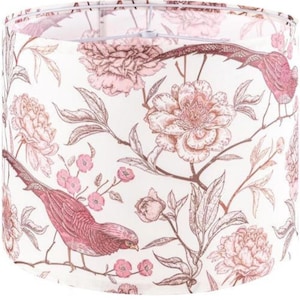 May include: A cylindrical lampshade with a white backdrop, adorned with a repeating pattern of pink flowers, birds, and brown branches. The birds are a deep pink, and the flowers are a lighter pink. The lampshade has a metal frame.