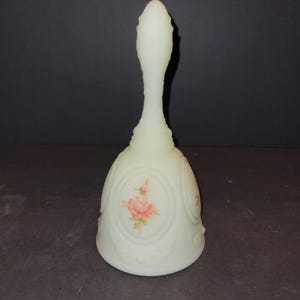 GLOWS Vintage Fenton Glass Custard Medallion Bell Hand Painted Orange Roses Signed Kay C.