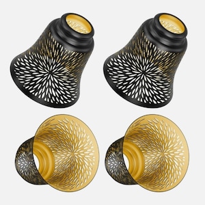 May include: Four decorative lamp shades. The shades are black with a floral pattern cut out of the metal. The inside of the shades are gold. The bottom of the shades are also gold with a floral pattern.
