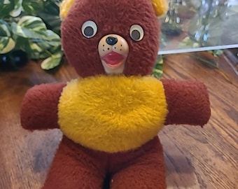 1950s Rubber Nosed 12" Brown Yellow Teddy Bear Plush Stuffed Animal Googly Eyes