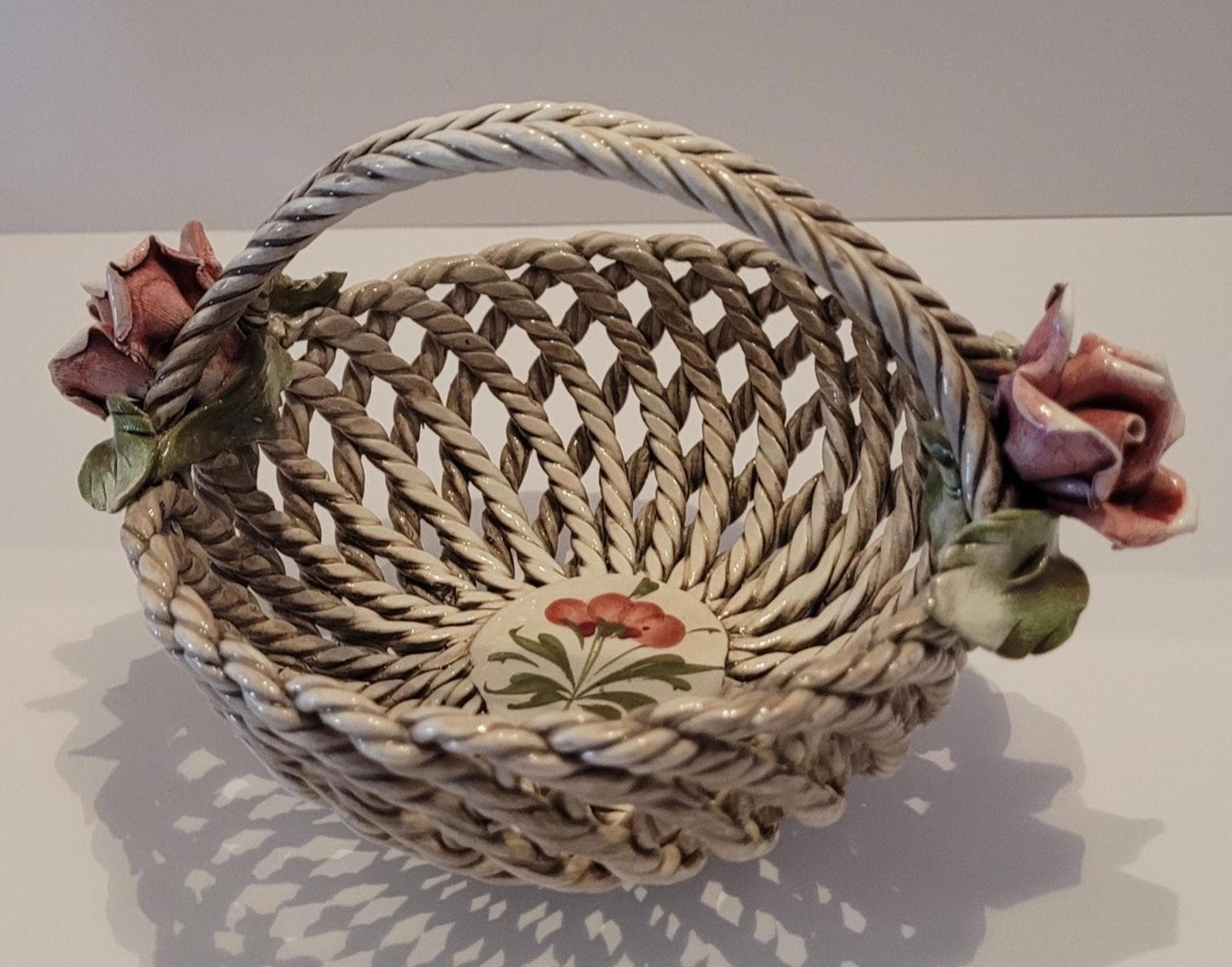 Vintage Marked Capodimonte Porcelain Basket Woven Pink Red Flowers