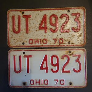 Vintage 1970 Ohio License Plate Pair: Red on White OH UT 4923