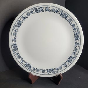 Puede incluir: Plato de cerámica blanco con un borde floral azul. El plato es redondo y presenta un patrón repetido de flores y hojas estilizadas alrededor del borde. El plato se muestra sobre un soporte marrón.