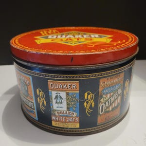 Vintage 1983 Pure Quaker Oats Advertising Tin with Oatmeal Cookie Recipe Empty