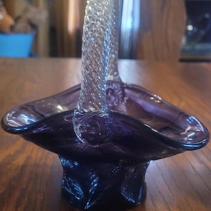 Cambridge Glass Near Cut Amethyst Inverted Strawberry Basket Clear Handle