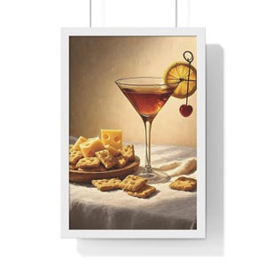 Martini and Cheese Crackers Print - Whimsical Cocktail Art, Bar Cart Decor, Elegant Kitchen Wall Painting Gift