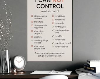Puede incluir: Un póster motivacional con el texto "I CAN NOT CONTROL" en negro y rojo. El póster enumera cosas que se pueden y no se pueden controlar, como la actitud, las acciones y las elecciones. Un reloj y un jarrón están en primer plano.