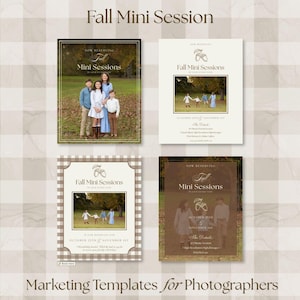 May include: Four rectangular marketing templates for Fall Mini Sessions featuring photography of families in outdoor settings. The designs include text overlays, acorn illustrations, and brown and white color schemes with plaid patterns.