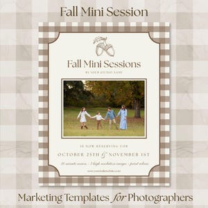 May include: A rectangular marketing template for photography sessions featuring a brown and white gingham border. The design includes an acorn illustration, the text Fall Mini Sessions, and a central photograph of four people holding hands in a field.
