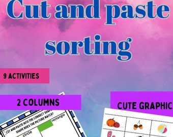 Op de afbeelding: Een printbaar werkblad met een roze, paarse en blauwe achtergrond. De titel is "Cut and paste sorting" met de tekst "9 activiteiten" en "2 kolommen" in roze vakken. Het werkblad heeft een afbeelding van een cirkel en een rechthoek met de tekst "Cut and paste into the correct shape. Shape does the picture match?" Het werkblad heeft ook een afbeelding van een pompoen, eikels, slippers, zonnebrillen en een strandbal met de tekst "Cute graphic".