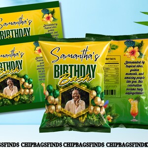 May include: A yellow and green custom chip bag with the text Samantha's BIRTHDAY Bash. The design features a central hexagonal frame containing a photograph of a person, surrounded by green and gold balloons, tropical leaves, and a cocktail graphic.