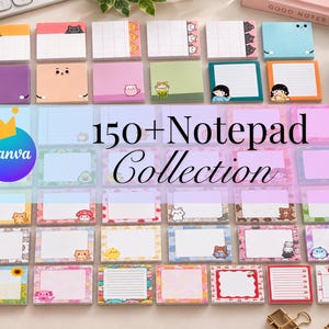 Può includere: Una collezione di blocchi per appunti rettangolari in carta con vari design colorati, tra cui illustrazioni di animali, piante e personaggi. I blocchi sono disposti a griglia, alcuni presentano fogli a righe o a quadretti.