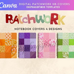 Plantillas de portadas de cuadernos estilo patchwork editables en Canva