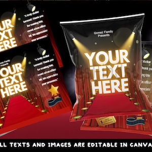 Op de afbeelding: Zwarte verpakking met een rood tapijtontwerp, spotlights en de tekst "YOUR TEXT HERE". Het ontwerp bevat een gouden ster, een filmrol en een coupon. De tekst "ALL TEXTS AND IMAGES ARE EDITABLE IN CANVA" staat onderaan.